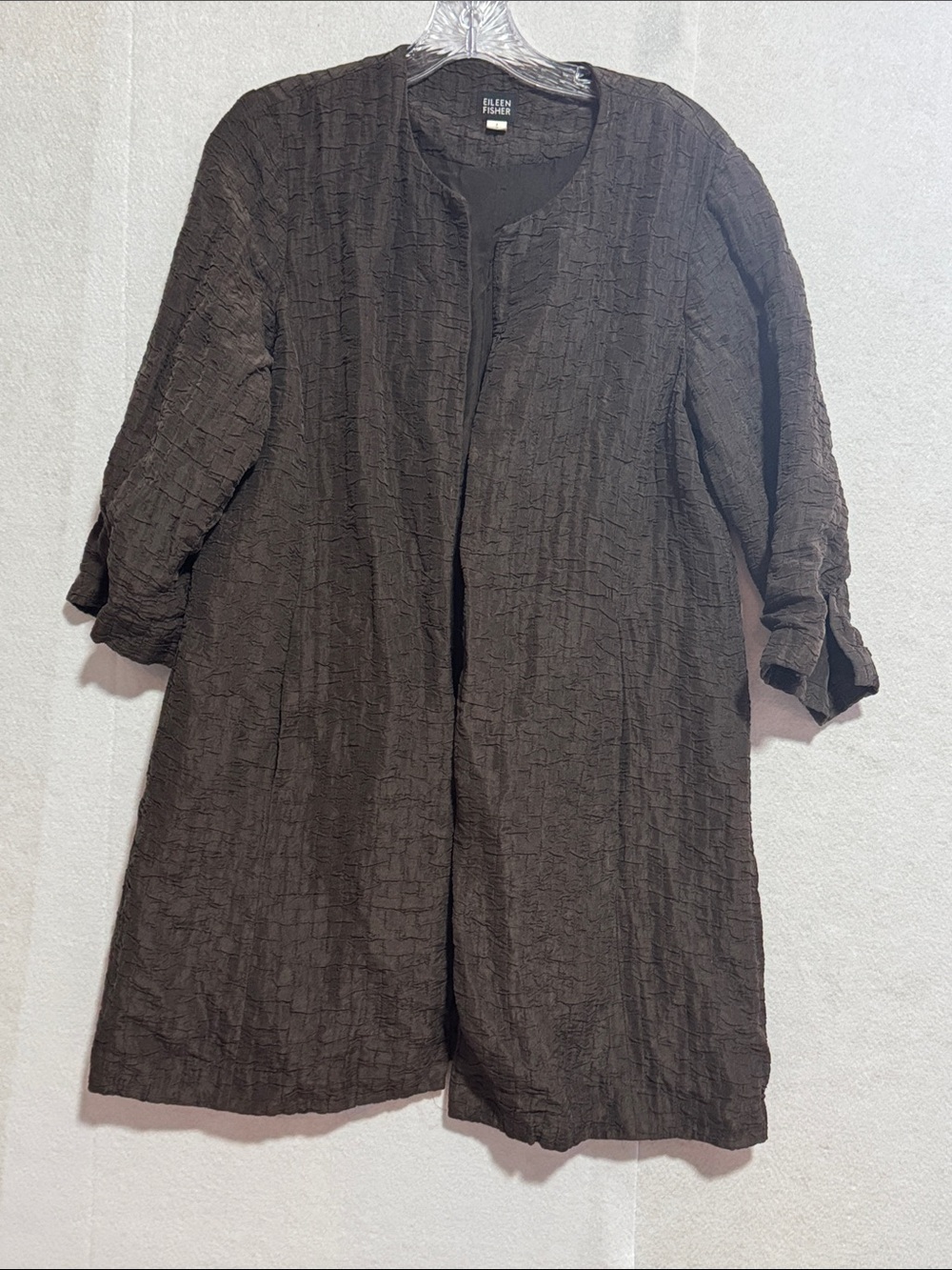 Eileen Fisher Fall Crinkle 3/4 inch Sleeve Open-Front Long Cardigan Dark Brown